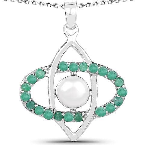 Sterling silver pendant necklace with a white pearl at the centre of an open frame edged in small green emeralds, a charity auction lot