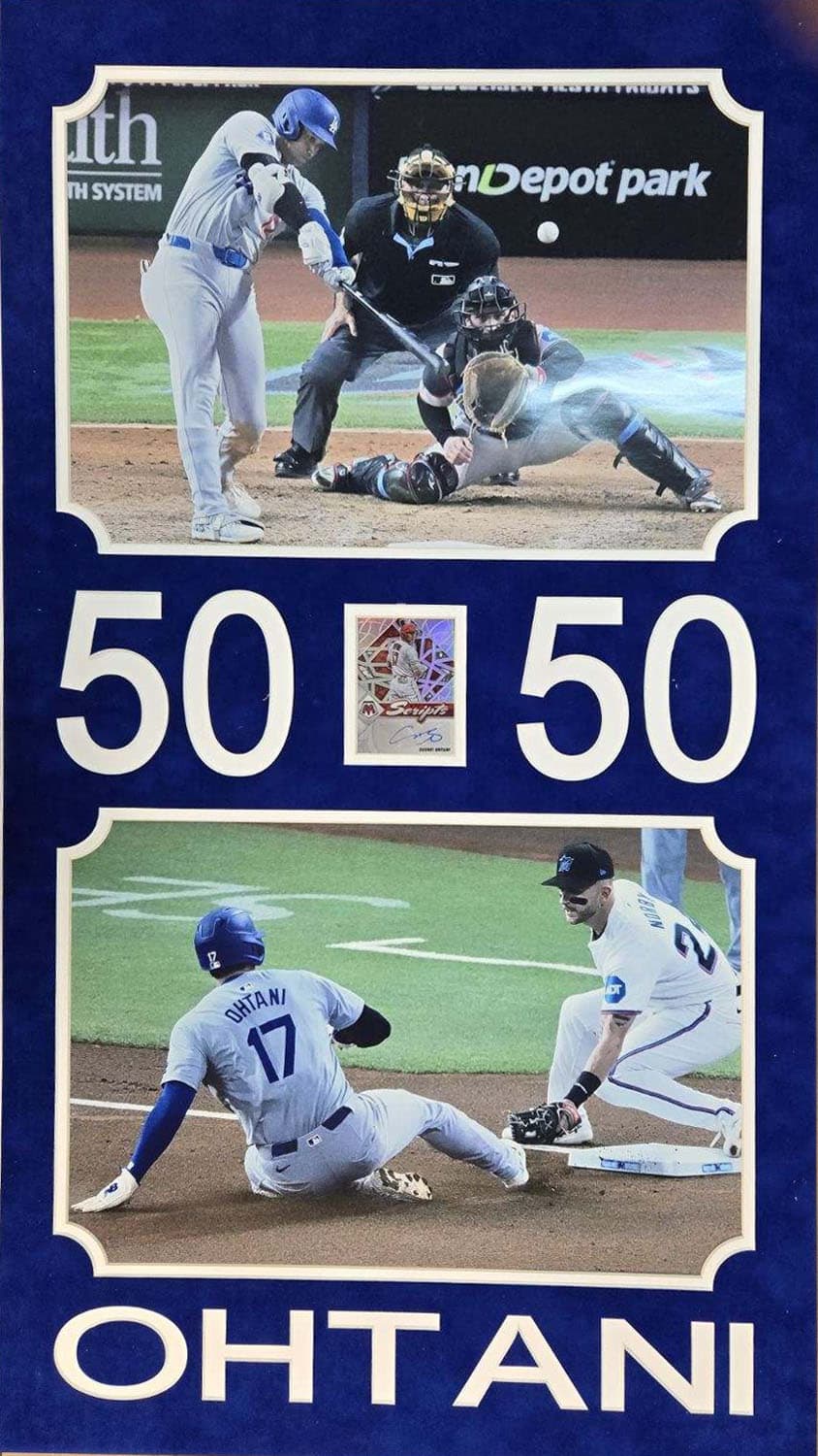 Shohei Ohtani Dodgers 50/50 season commemorative display with a hand-signed card, a charity auction lot