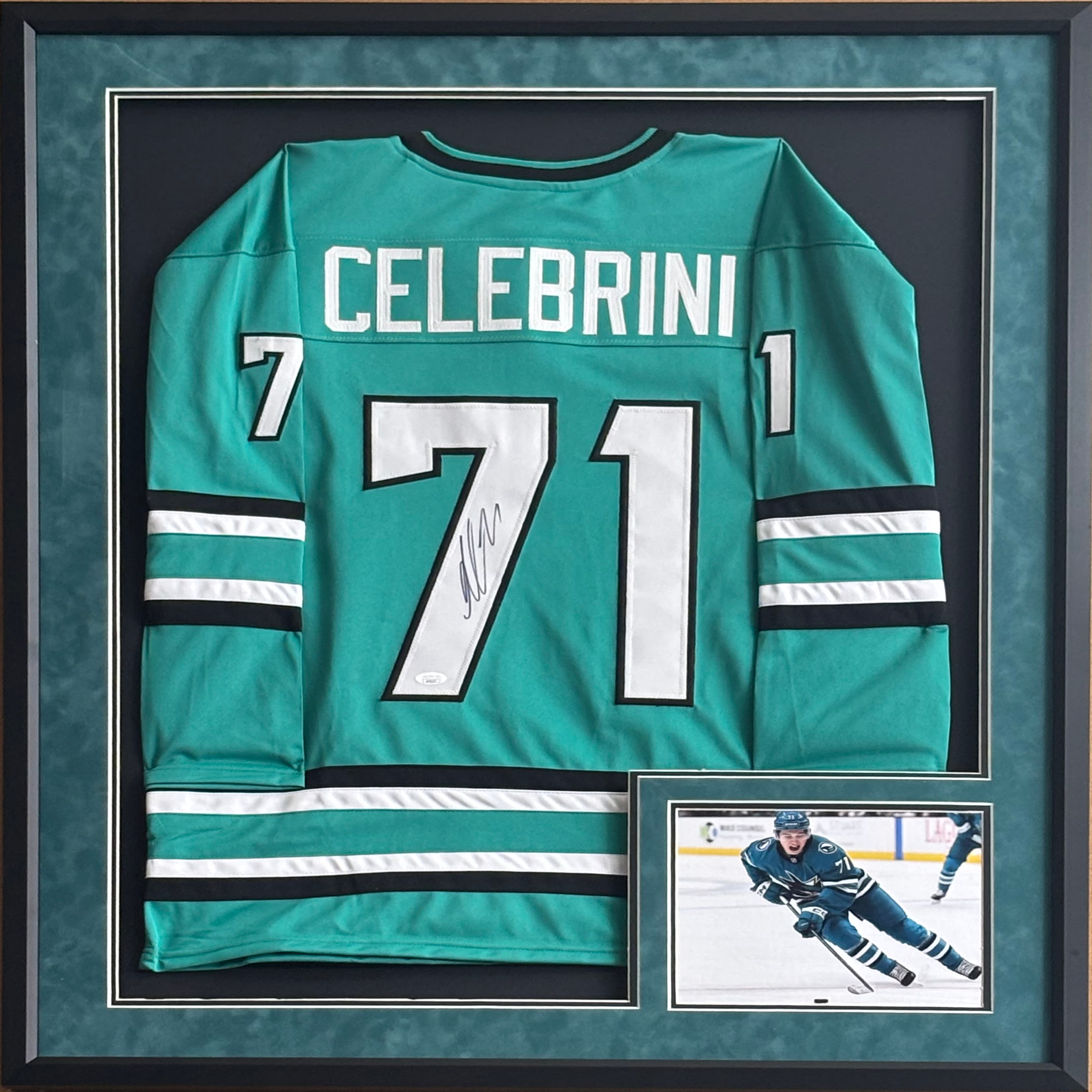 Teal and black San Jose Sharks jersey hand-signed by Macklin Celebrini, framed with action photographs, offered as a charity auction lot