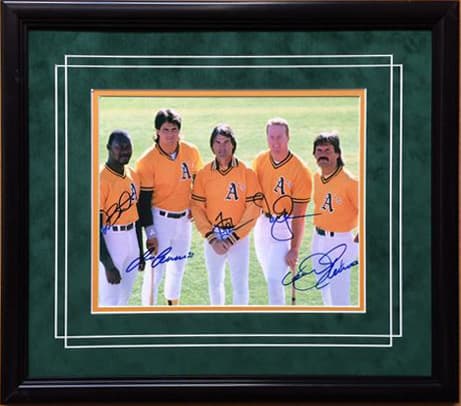 Framed Oakland A's five legendary players 11 by 14 print with reproduced signatures, offered as a charity auction lot