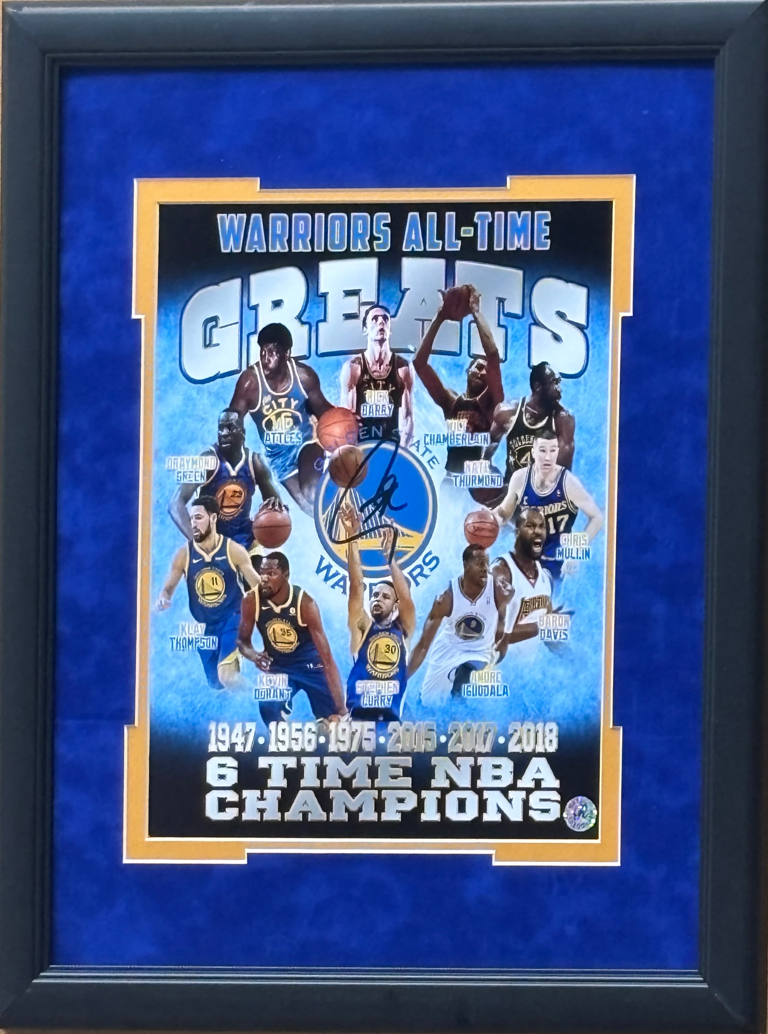 Framed Golden State Warriors All-Time Greats print including Stephen Curry with reproduced signatures, a charity auction lot