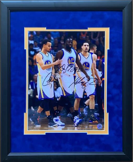 Framed Golden State Warriors Big Three 11 by 14 action print with reproduced signatures, a charity auction lot