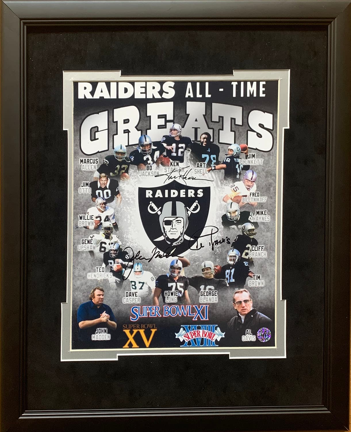 Framed Raiders All-Time Greats 11 by 14 print featuring Davis, Madden and Stabler with reproduced signatures, a charity auction lot