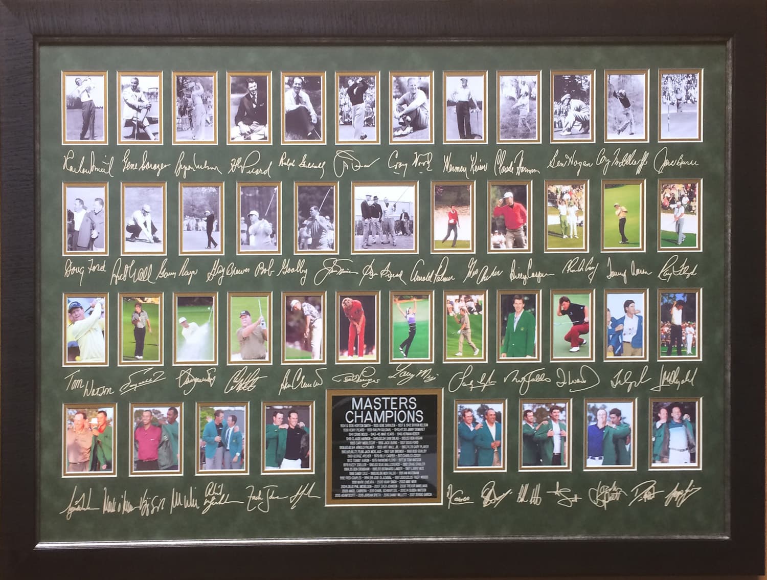 Large framed Masters champions commemorative made up of many signed panels with laser-reproduced signatures, a charity auction lot