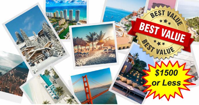 Collage of worldwide holiday destinations promoting an eight day, seven night dream vacation getaway auction package