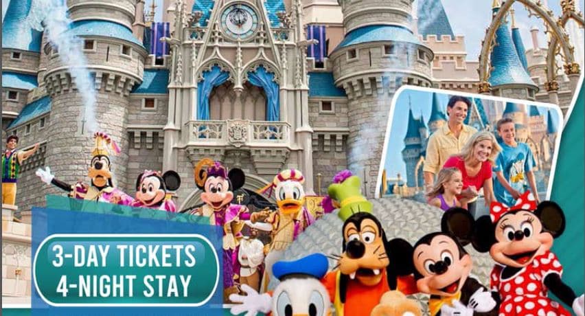 Walt Disney World castle with Disney characters, promoting a three day park hopper and four night stay auction package