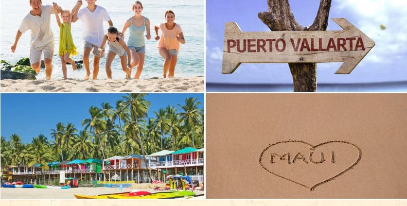 Beach destination collage including Puerto Vallarta and Maui, representing the ultimate beach destination auction package