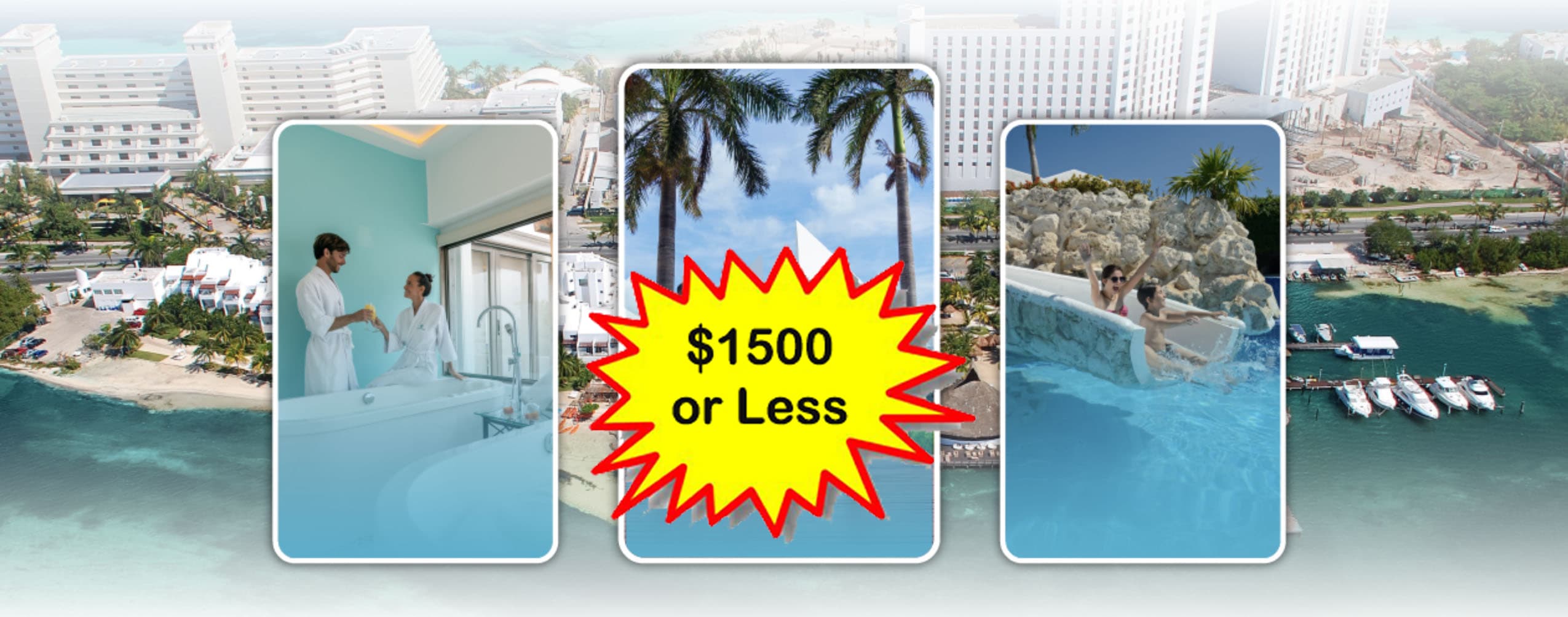 Cancún beachfront resort and marina views, representing the all-inclusive Cancún family auction package