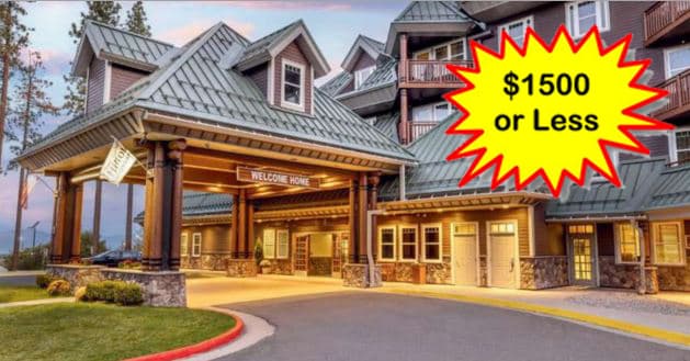 Timber and stone lodge entrance at the Lake Tahoe Hilton Club resort, a charity auction travel package