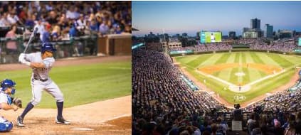 Batter at the plate and a packed Wrigley Field grandstand, representing the Chicago baseball getaway auction package