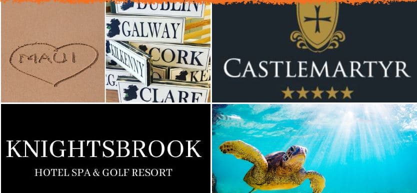 Split graphic showing Irish county signs, a golf resort and a Maui beach, for the Hawaii or Ireland auction package