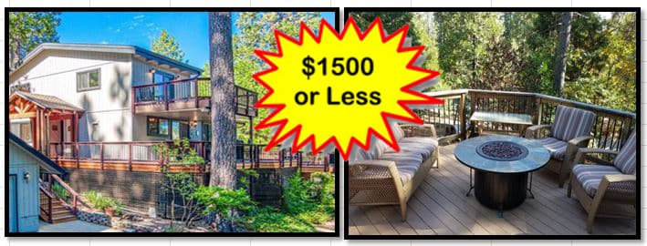 Mountain home exterior and deck with hot tub at The Stronghold in Arnold, California, a charity auction stay