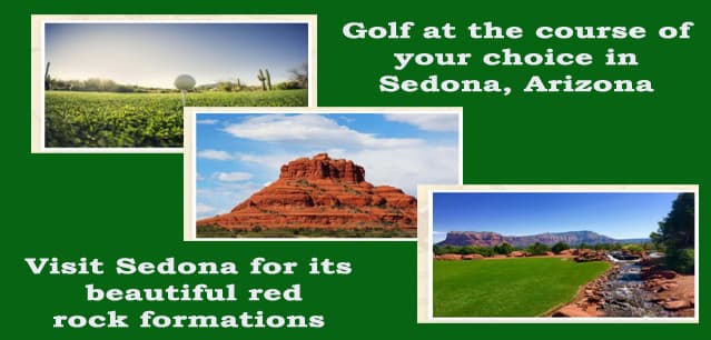 Sedona red rock formations and golf course promotional graphic for the Arizona golf auction package